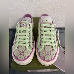 Brand New Gucci Tennis 1977 GG Crystals Pale Green Lilac Sneakers Sz 34.5 US 4.5